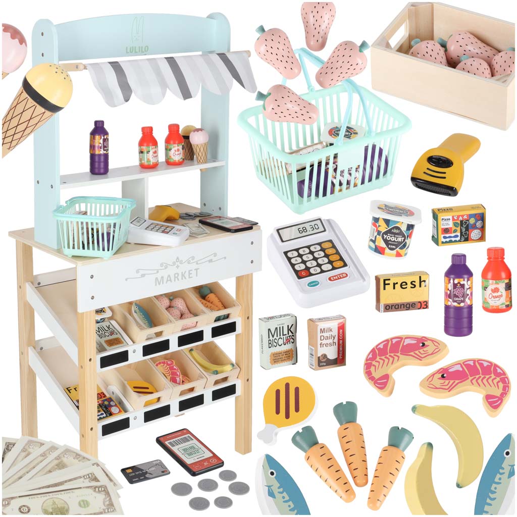 Dřevěný trh LULILO Melo – supermarket s pokladnou