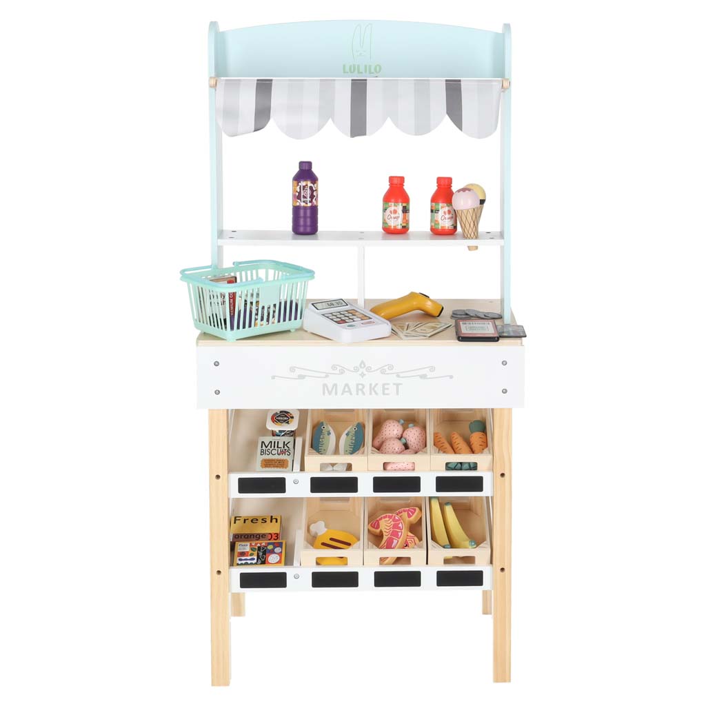 Dřevěný trh LULILO Melo – supermarket s pokladnou