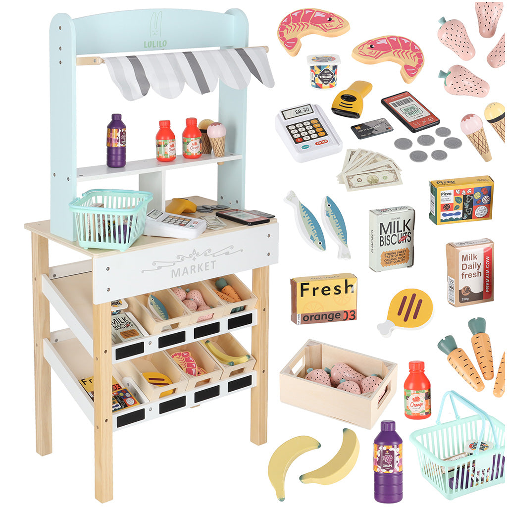 Dřevěný trh LULILO Melo – supermarket s pokladnou