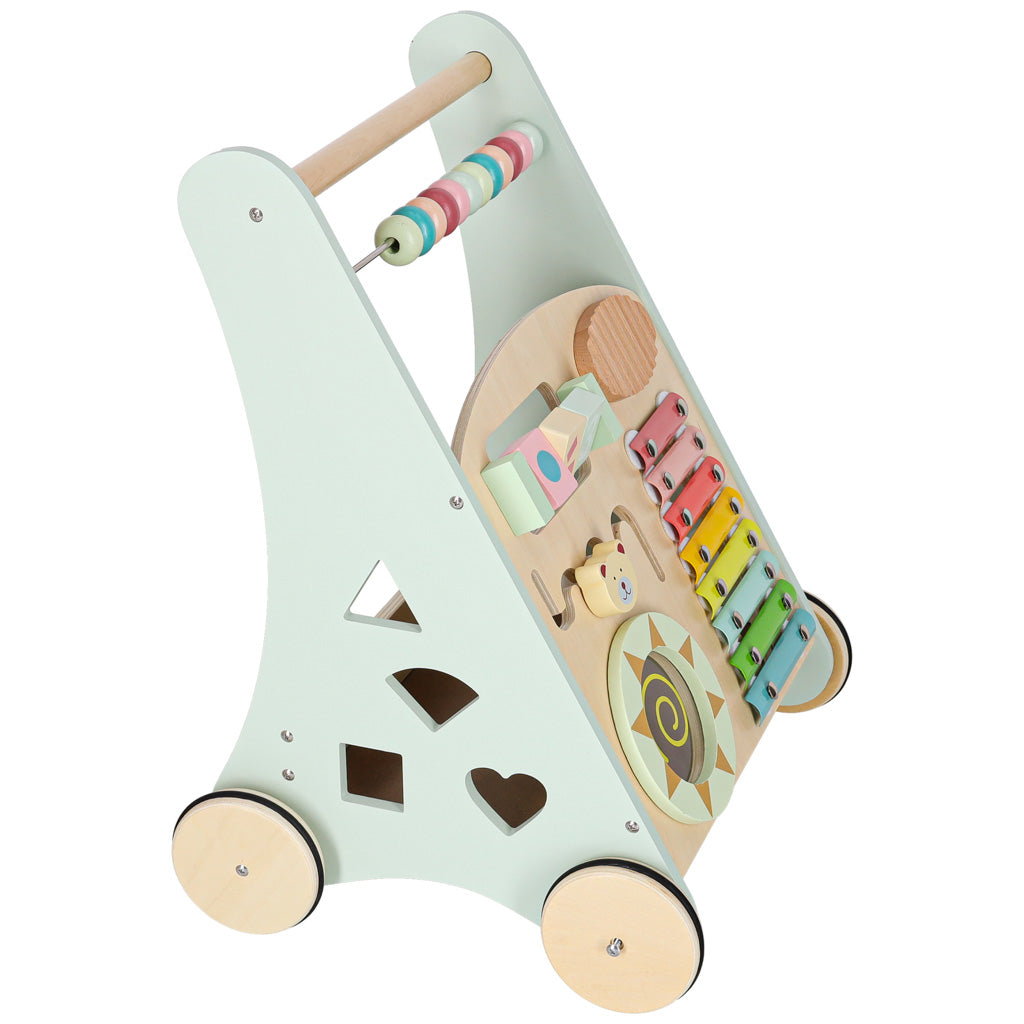 Modré dřevěné chodítko s počítadlem