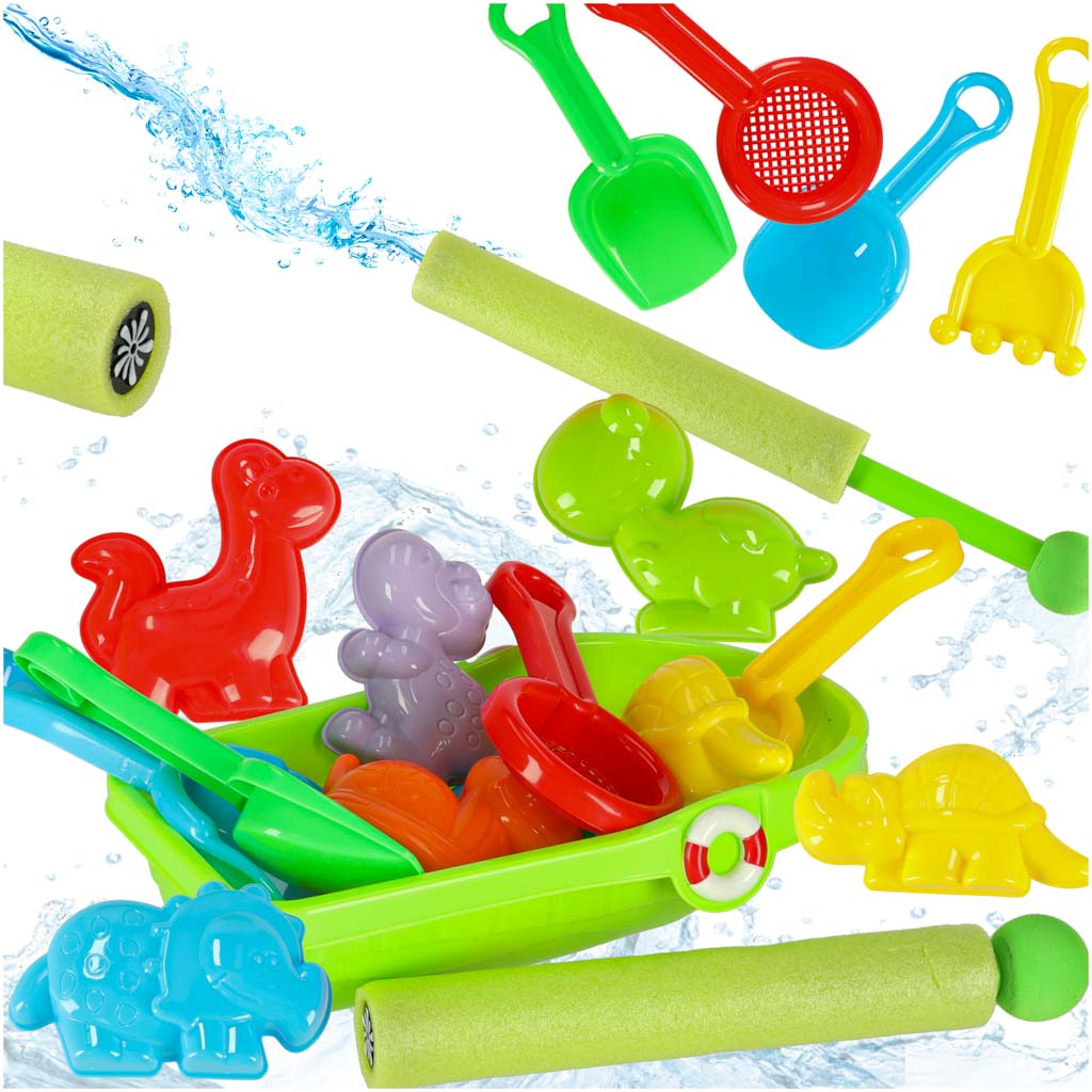 Sada hraček na písek a vodu – loďka, formičky a stříkačka (12 dílů)