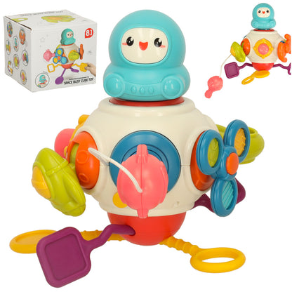 Senzorická hračka – kousátko 8v1 s manipulačními prvky a šňůrkami Bibi-Inn